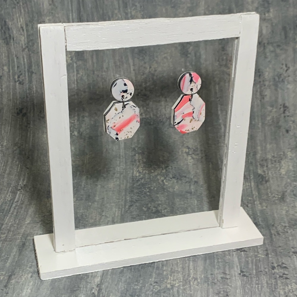 White, Pink, Black Handcrafted Clay Earrings with Gold Foil Pieces